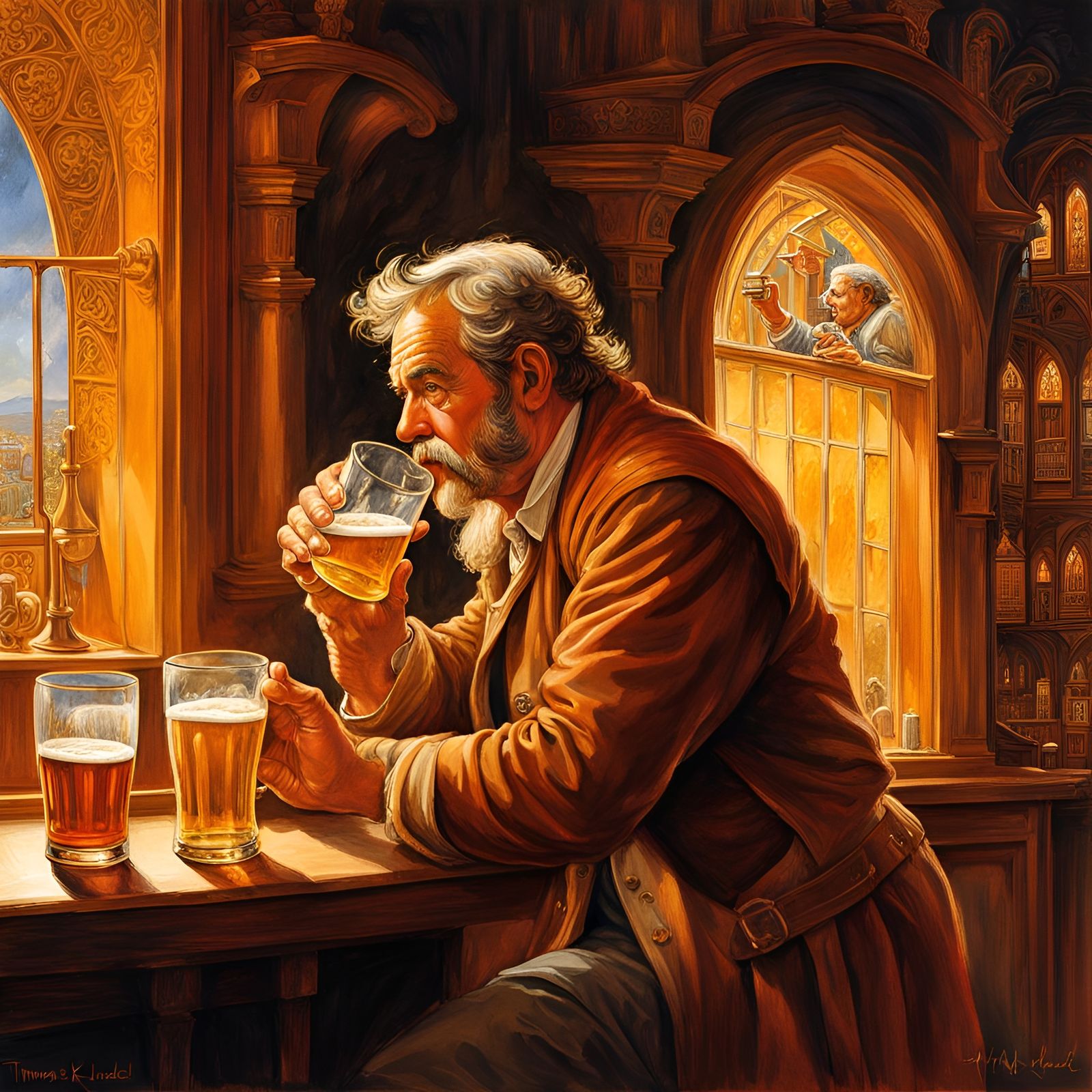 Irishman Drinking Beer in Pub with Golden Light