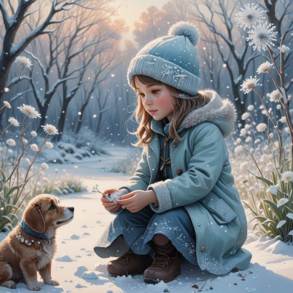 Little Girl Surrounded by Ice Flowers and Puppy in Winter Wo...