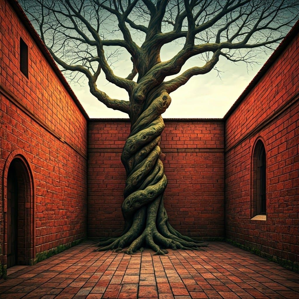 Twisted Tree in Ancient Brick Courtyard