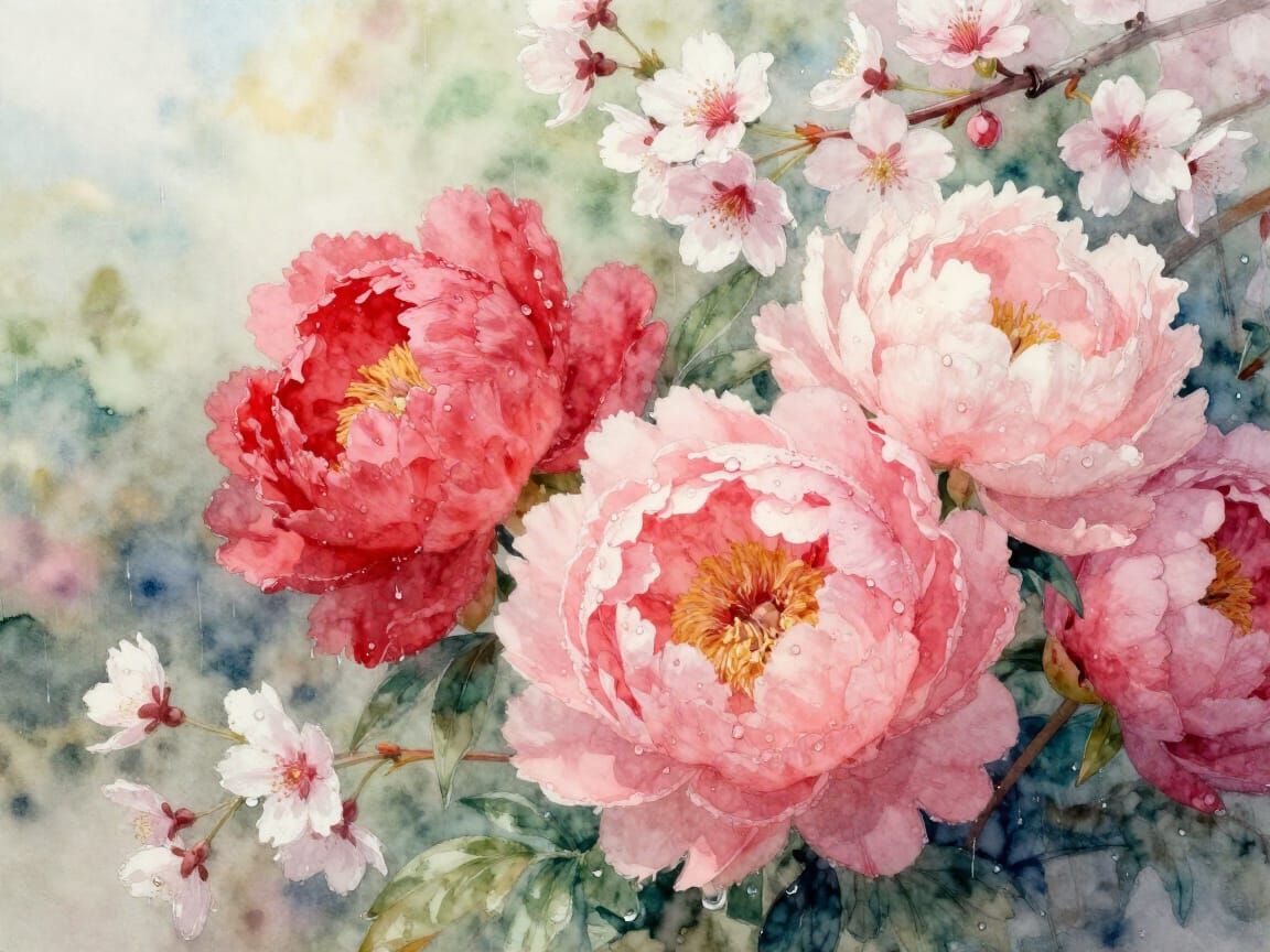 Lush Peonies and Cherry Blossoms in Watercolor