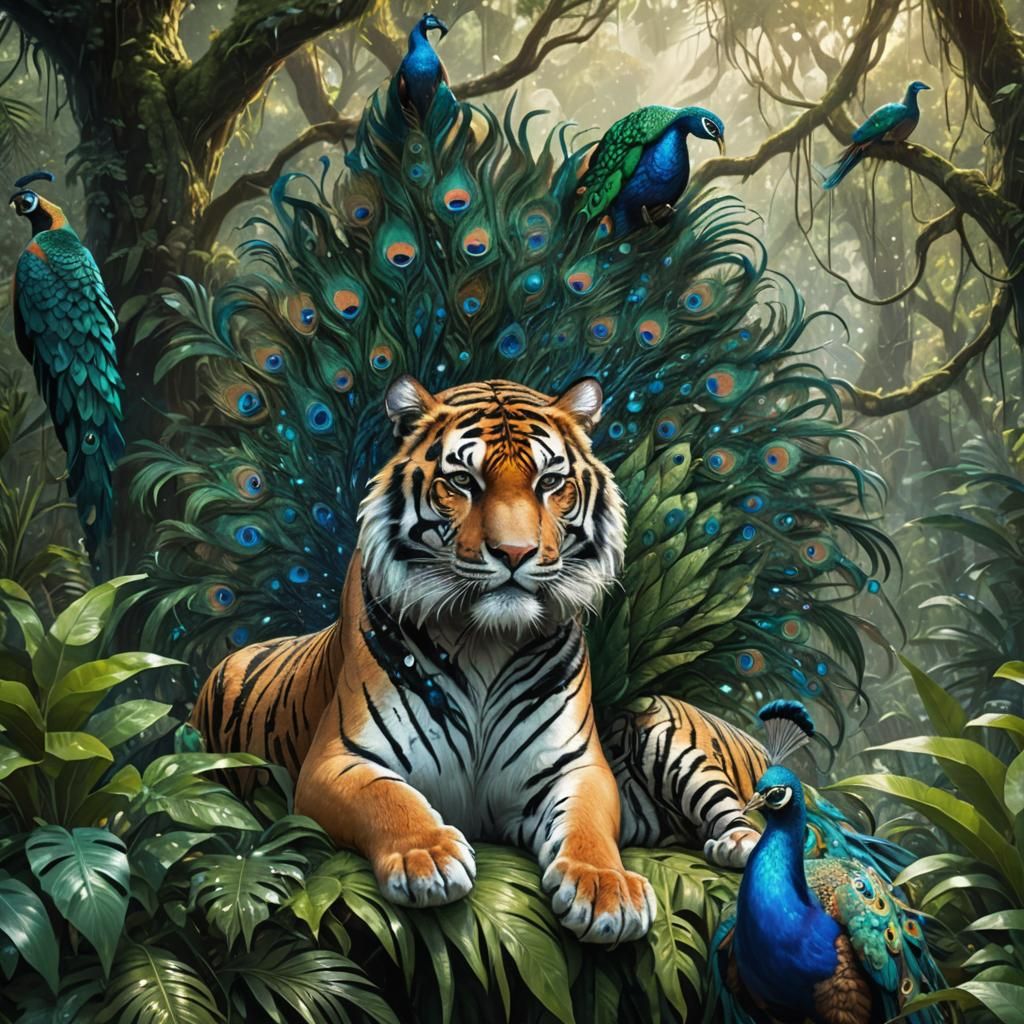 Tiger and Peacock Hybrid in Rainforest: Fantasy Art