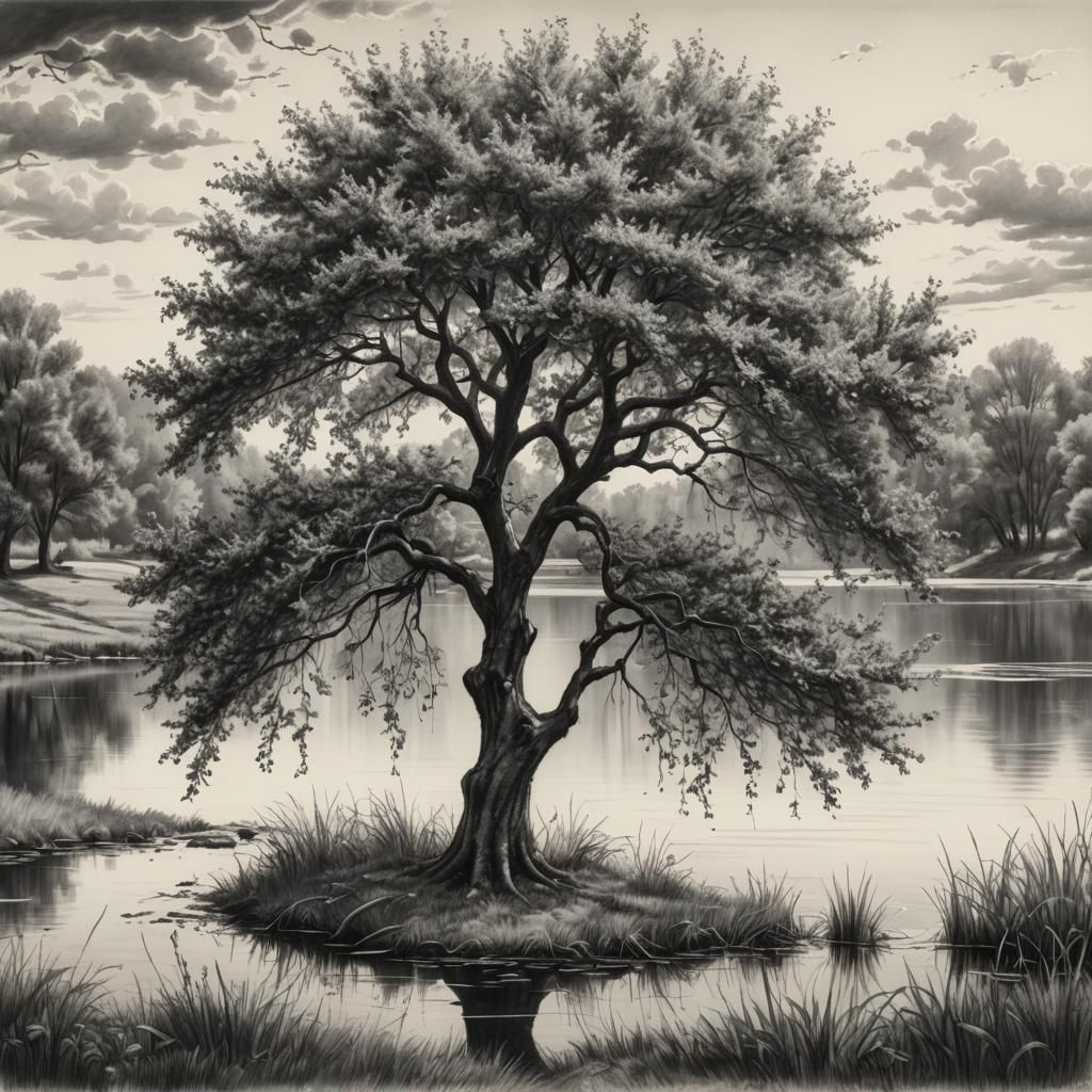 Apple Tree Sketch with Long Leaves in Lake