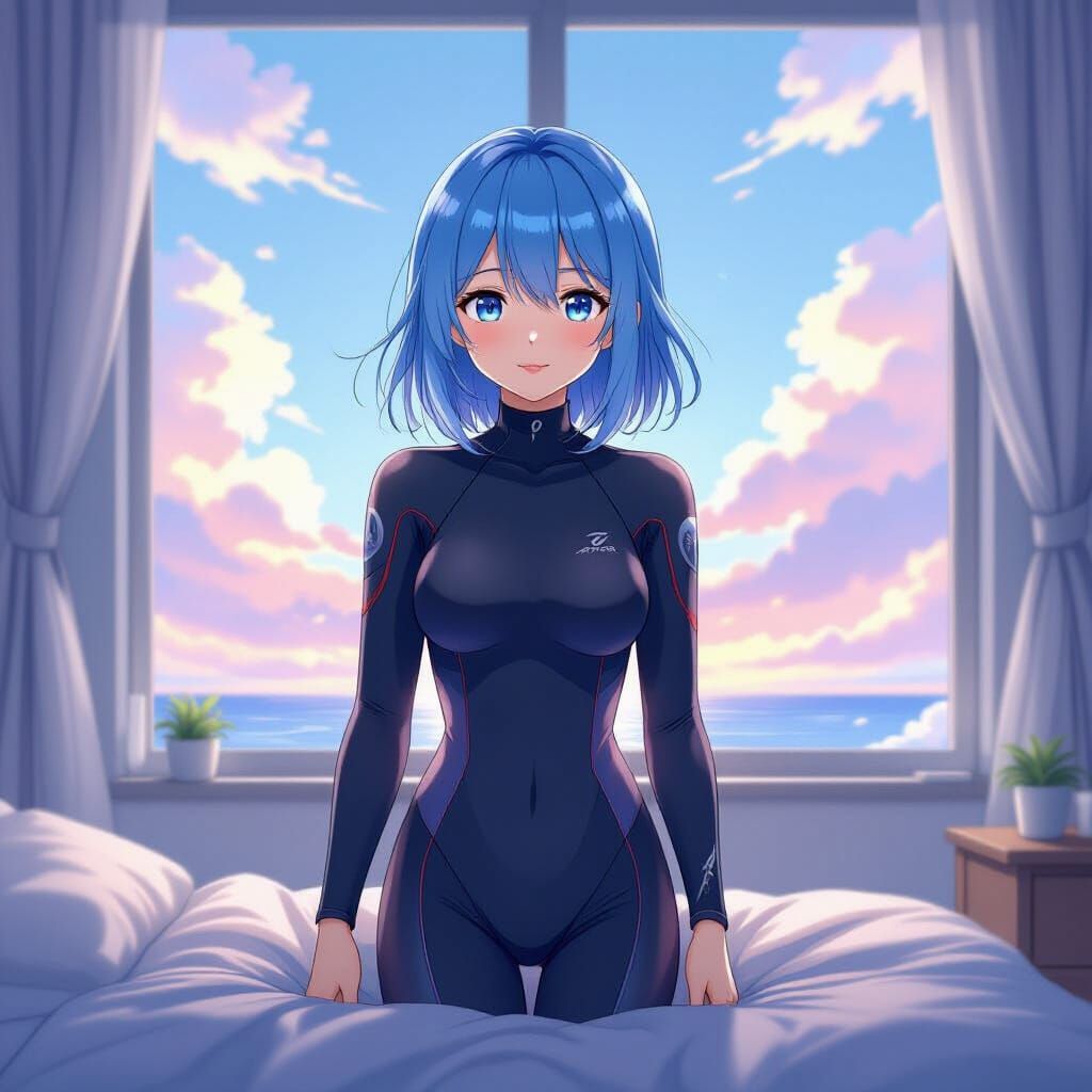 Anime Girl in Wetsuit in Cozy Bedroom with Ethereal Sky