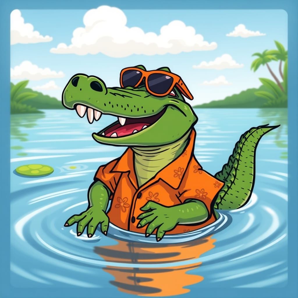 Happy Alligator in Hawaiian Shirt Cartoon