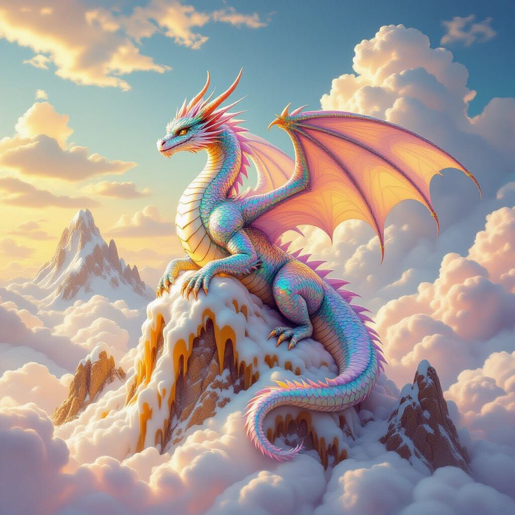 Dragon on Candy Mountains in Hyperrealistic Style