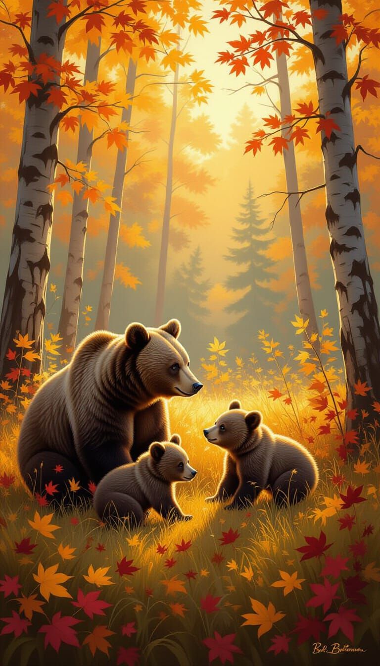 Mother Bear and Cubs in Autumn Clearing Oil Painting