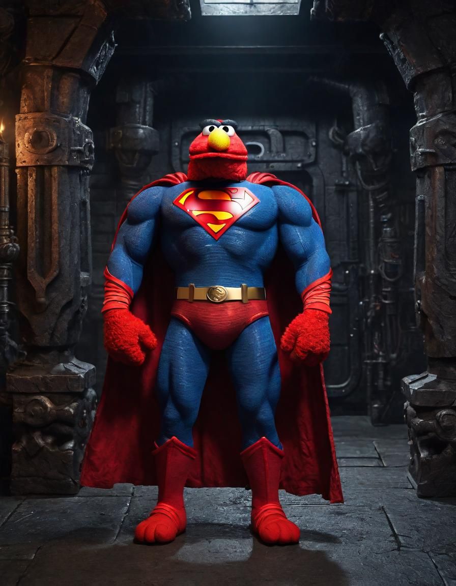 Muscular Elmo as Superman in Dark Dungeon