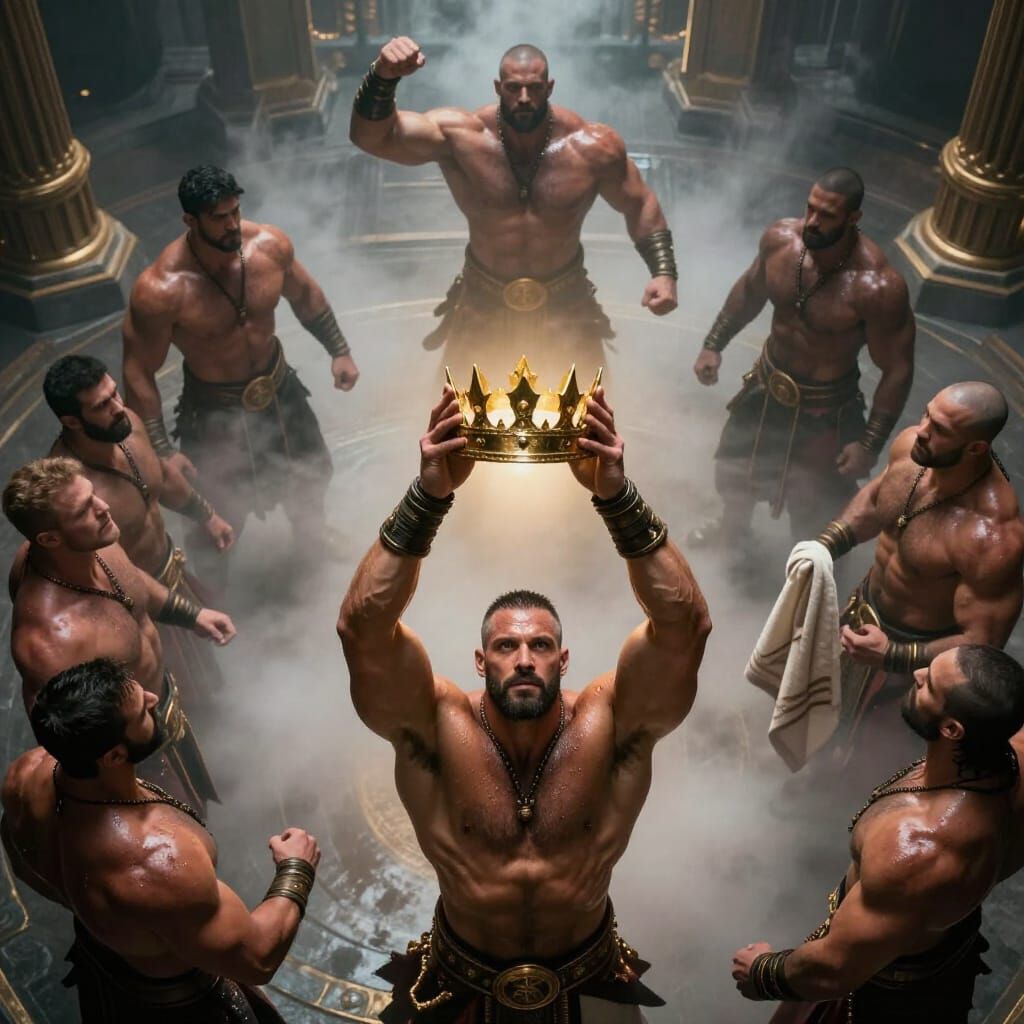 Macho Men in Steam-Filled Sanctum with Cinematic Lighting