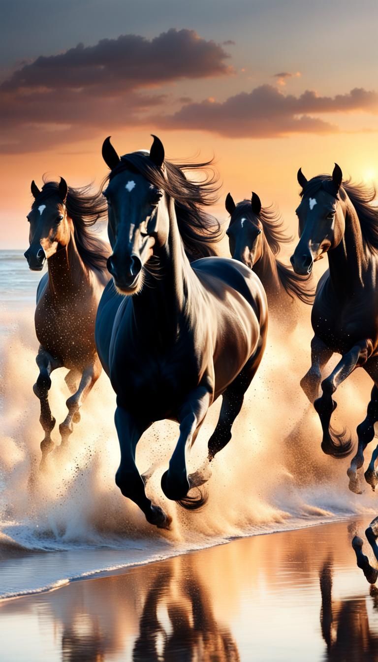 Black Arabian Horses Running on Beach at Sunset