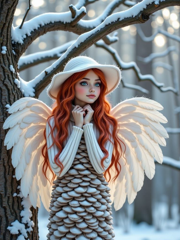 Pine Cone Angel with Red Hair and White Wings in Snow
