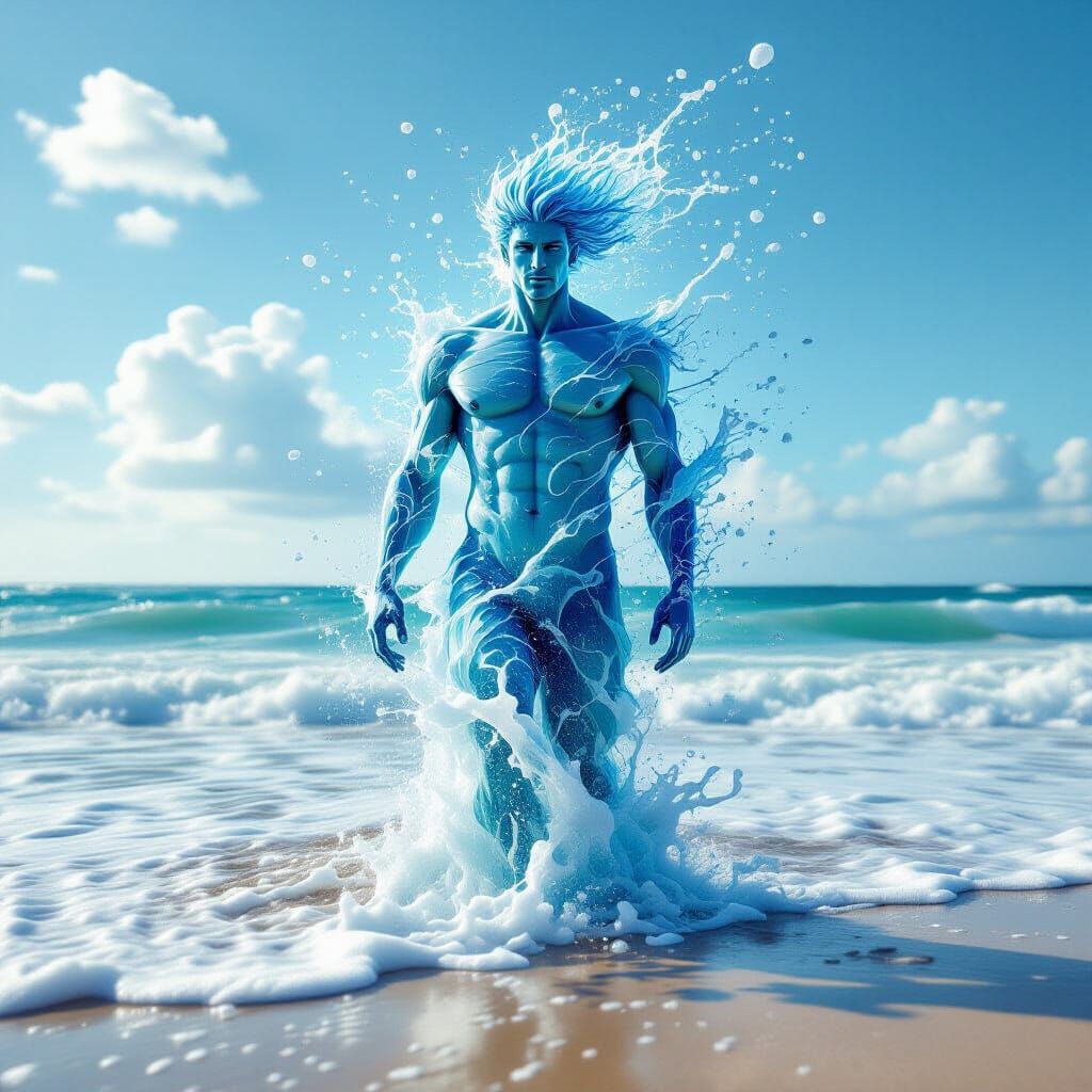 Male Water Elemental Formed From Ocean Waves And Foam