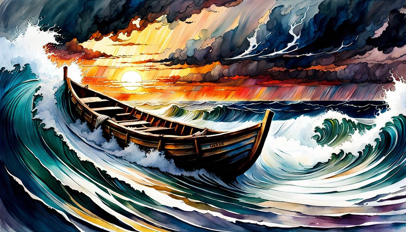 Jesus Sleeping in Stormy Boat: Digital Watercolor Illustrati...