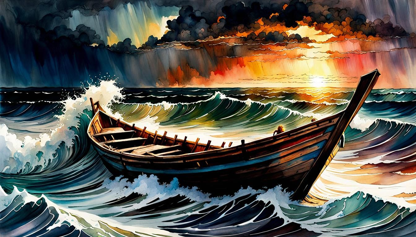 Jesus Sleeping in Stormy Boat: Digital Watercolor Art
