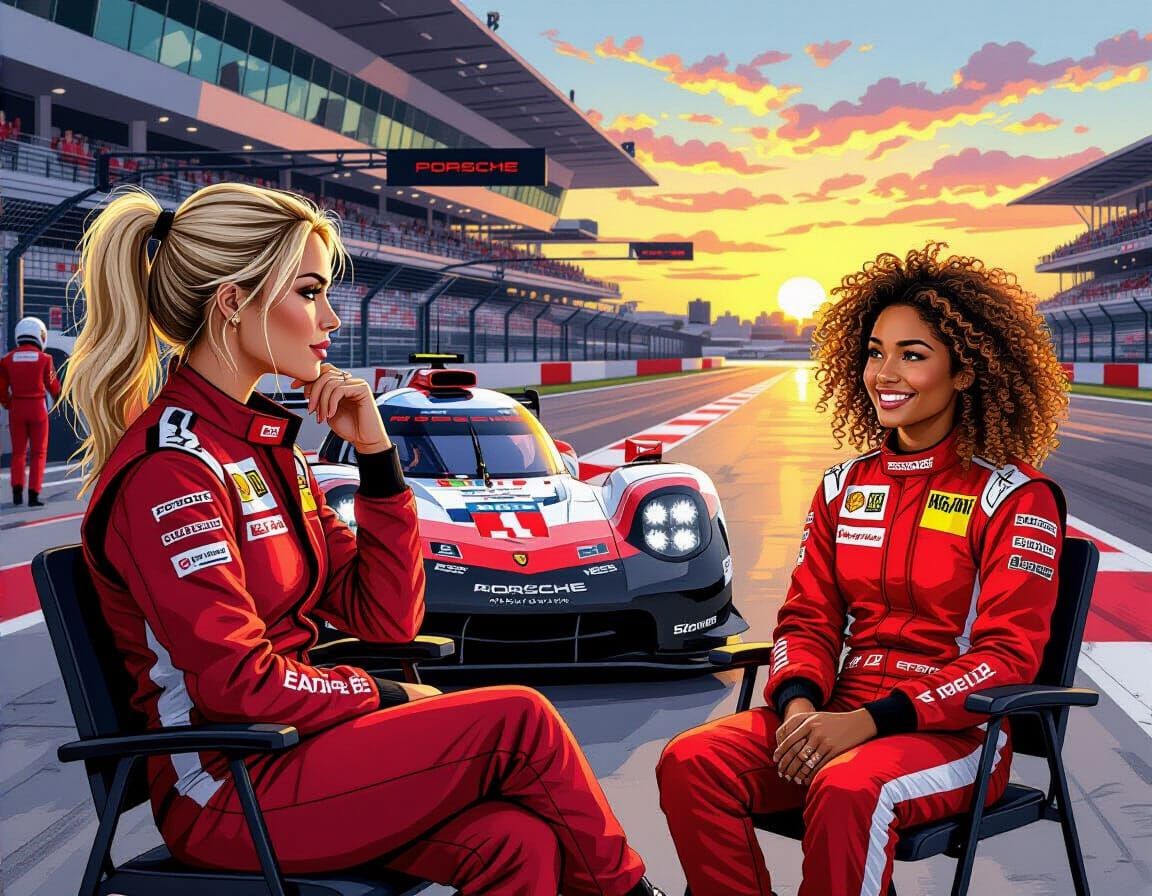 Porsche Race Drivers at Sunrise in Hand-Drawn Style