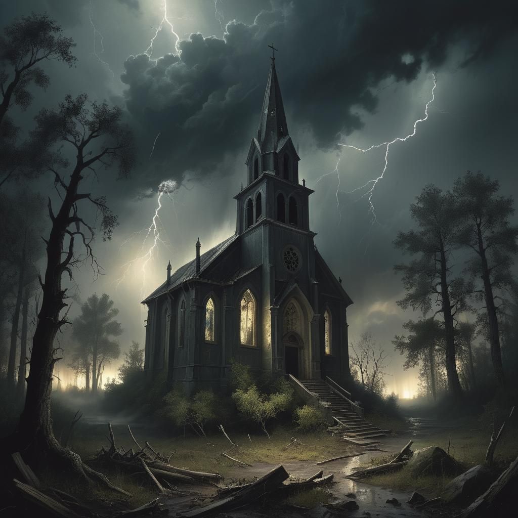 Abandoned Church in Stormy Forest, Horror in Dark Gothic Sty...
