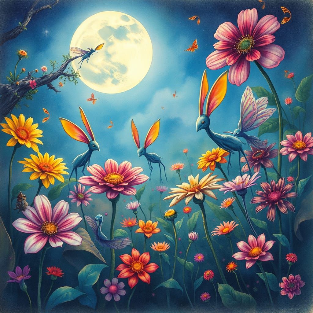 Mystical Moonlit Garden Blooms with Vibrant Flowers and Glow...