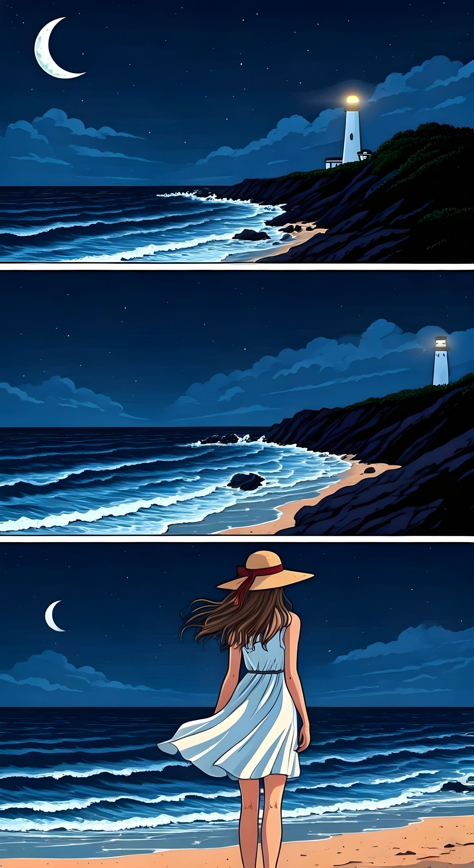 Moonlit Coastal Scene in Comic Strip Style