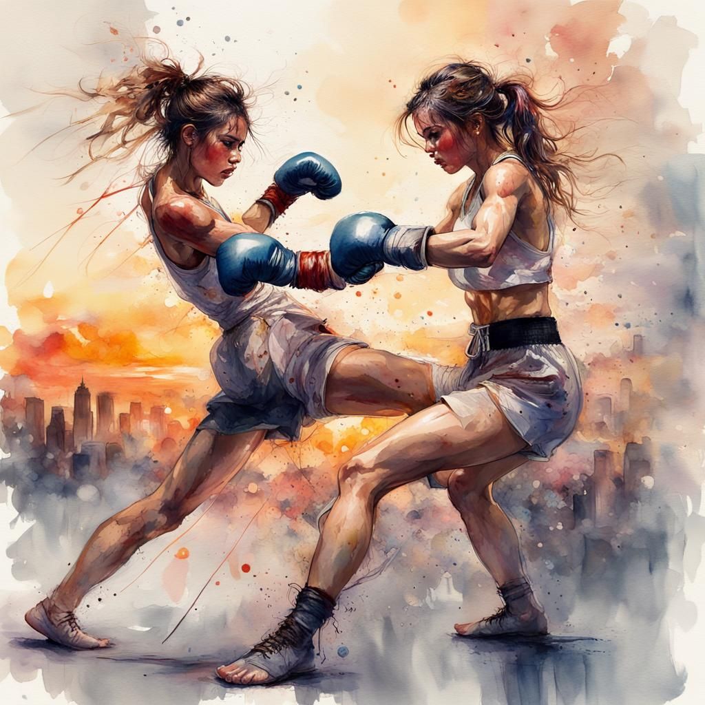 Female French boxing fighter performing a left knee strike