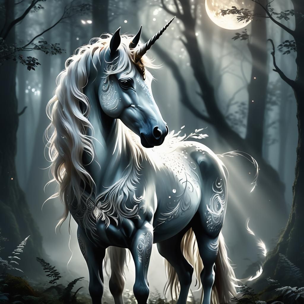 Mystical Unicorn in Moonlit Forest: Hyper-Realistic Digital ...