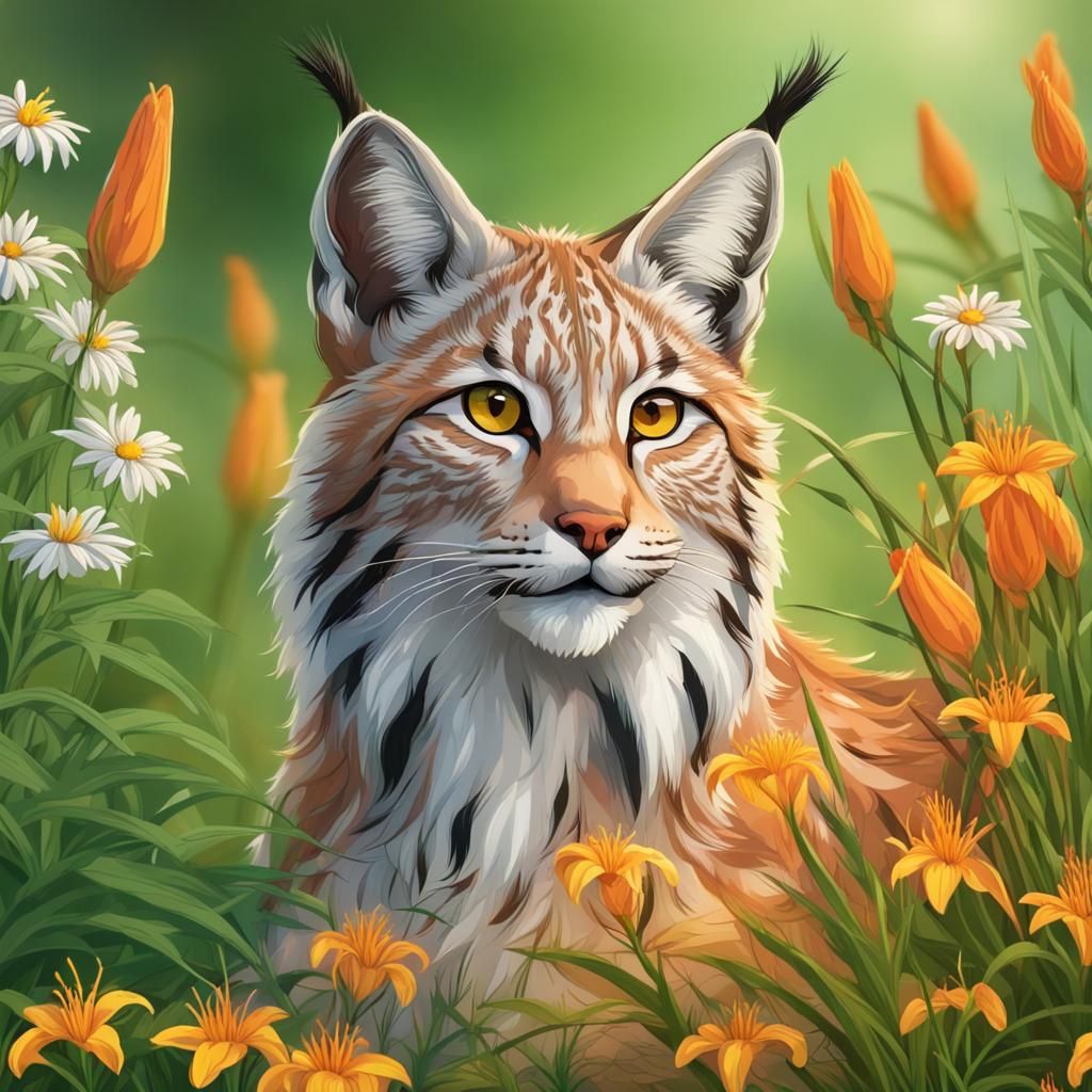 Lynx in Spring Meadow with Wildflowers