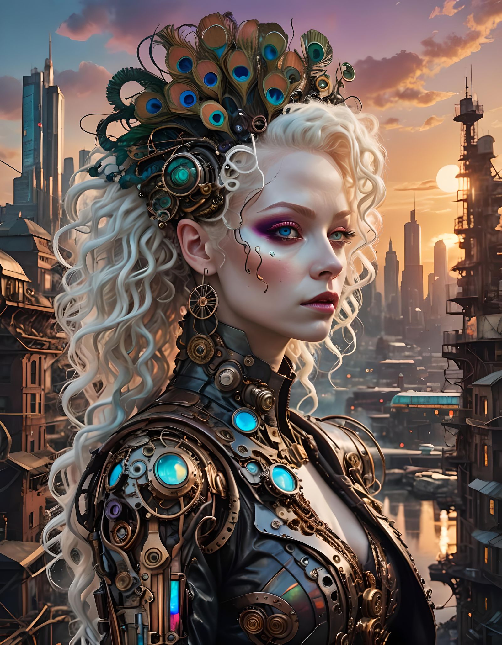 Steampunk Cyborg Peacock with Albino Woman