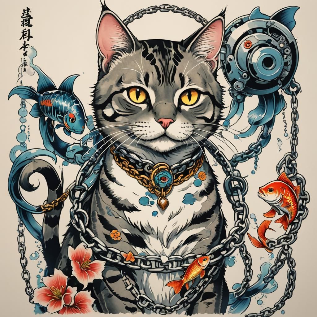 Cat with Tattoo in Japanese Anime Style