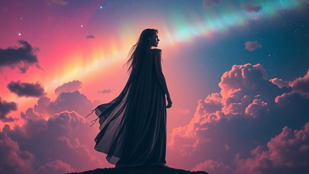 Cosmic Fantasy Art of Woman Under Starlit Rainbow Sky