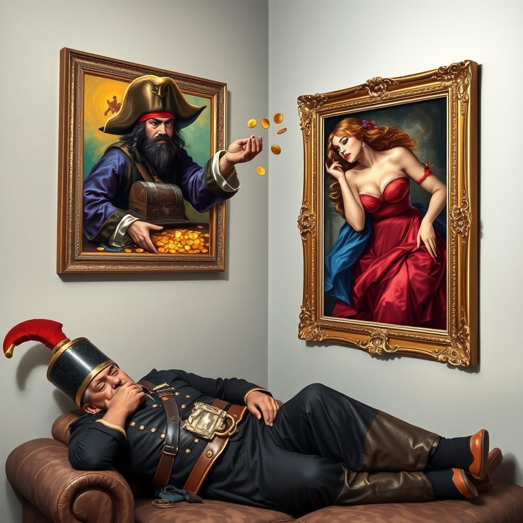 Pirate's Coin Toss: Fantasy Scene in Two Paintings