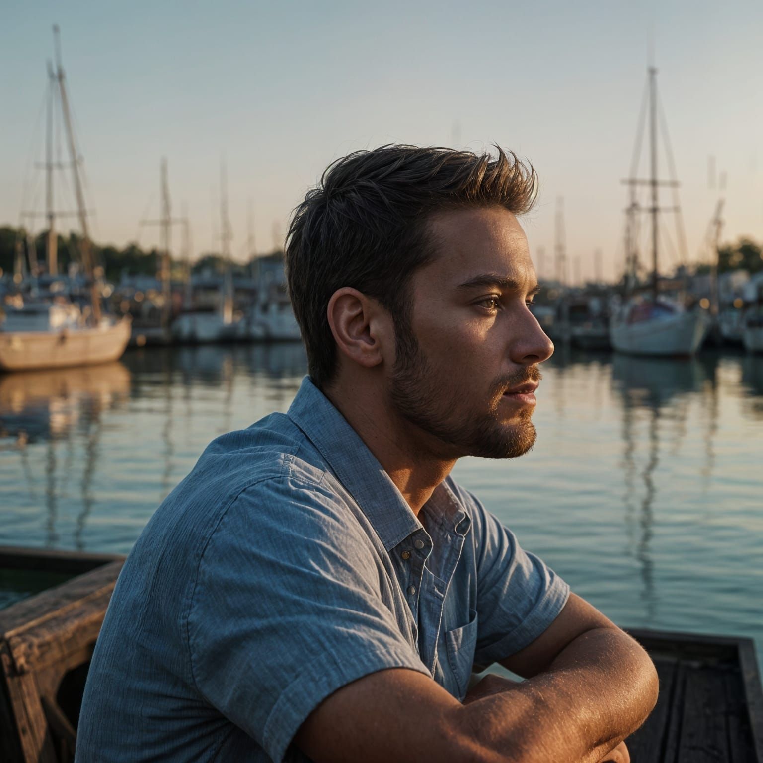 Melancholic Man at Dock: Cinematic Film Still