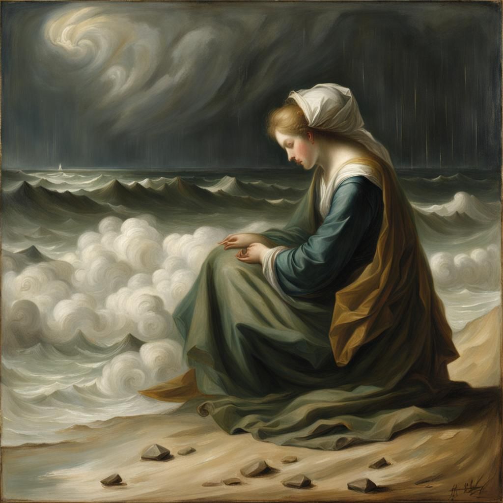 Woman in Rain on Beach, Romanticism Style
