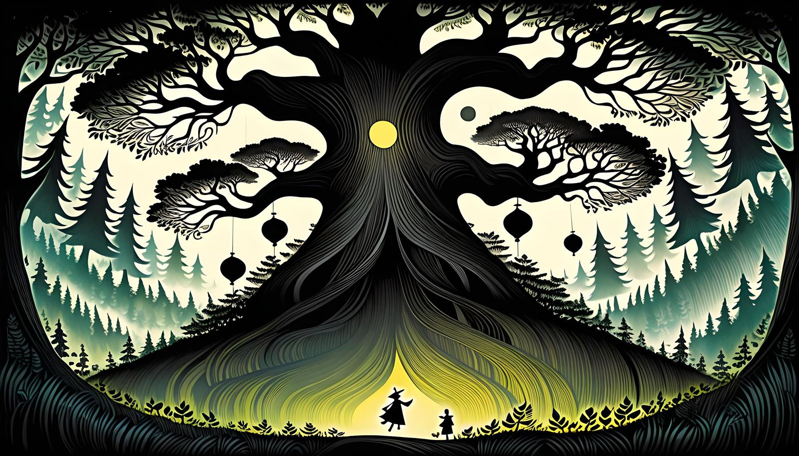 Magical Tree Spirit in Forest, Whimsical Illustration