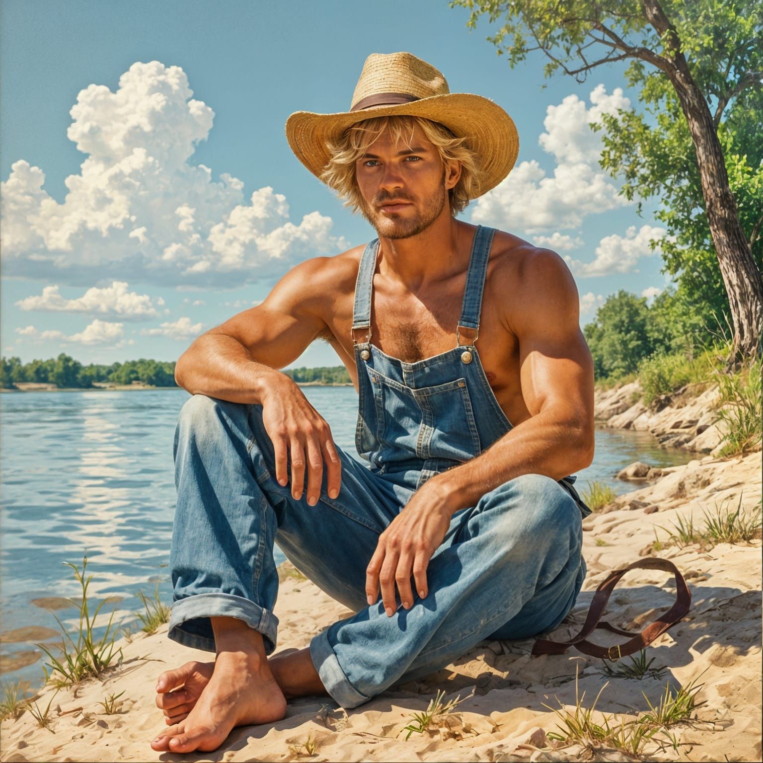 Adult Huckleberry Finn Relaxing by the River