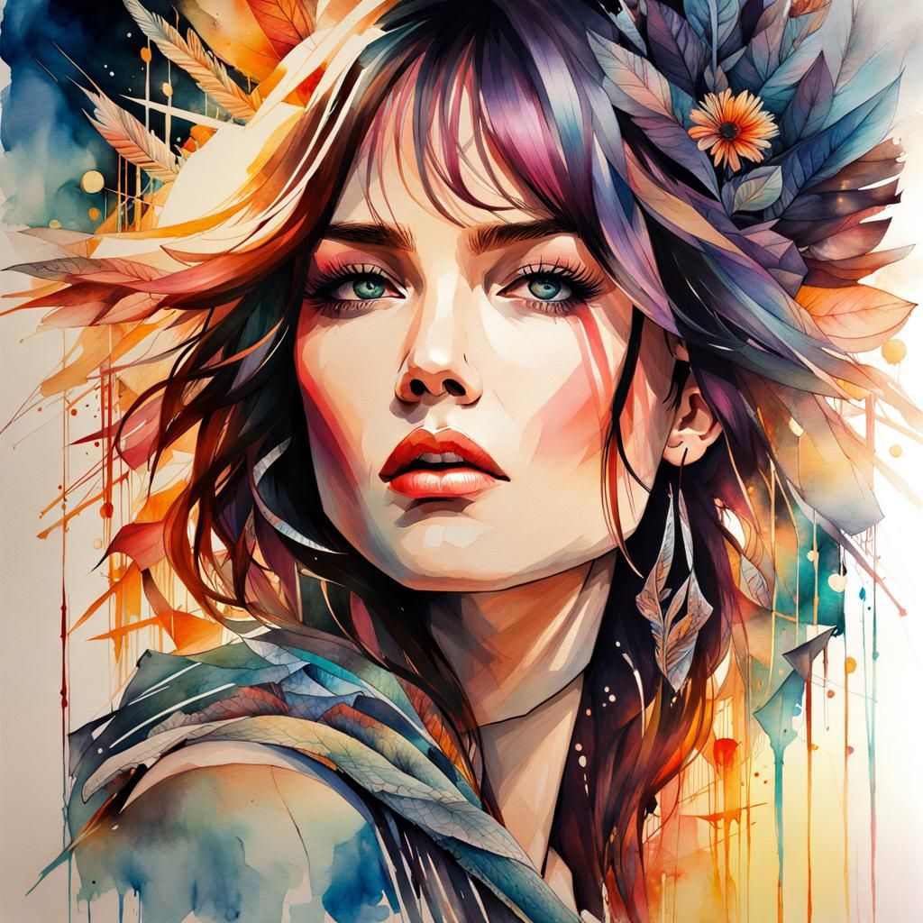 Epic Sunset Portrait in Stylized Watercolor