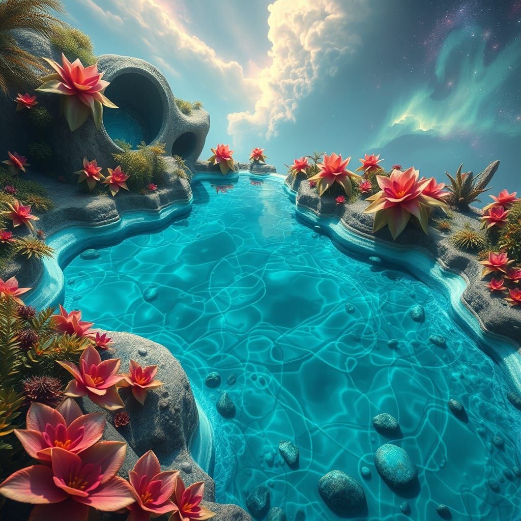 Hyperreal Oasis with Extraterrestrial Flora and Celestial Bo...