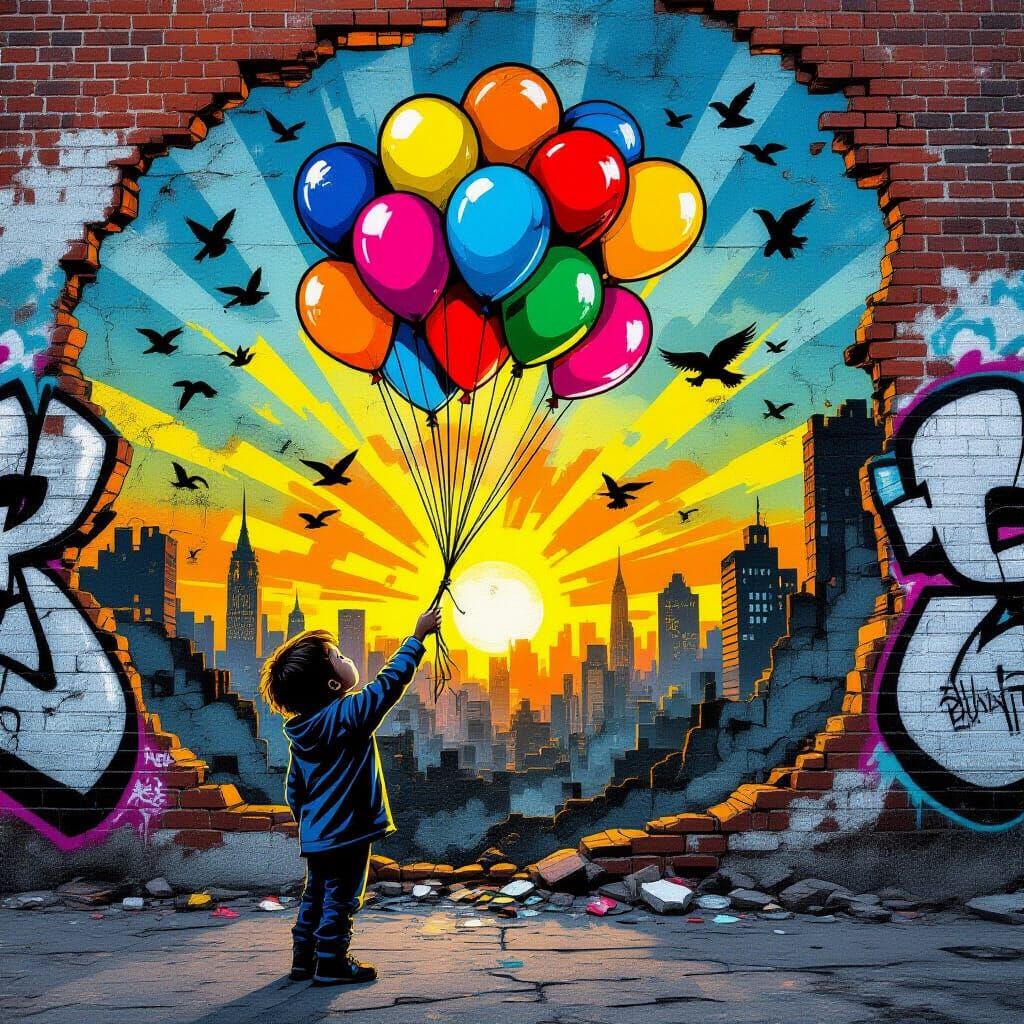 Child Reaching for Dream Balloons Amidst Urban Decay Mural
