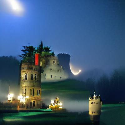 Misty Castle at Night Under Moonlight