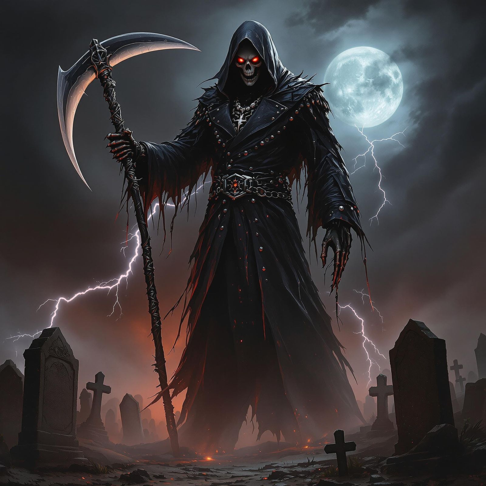 Gothic Grim Reaper in Tattered Leather Coat, Standing in a D...
