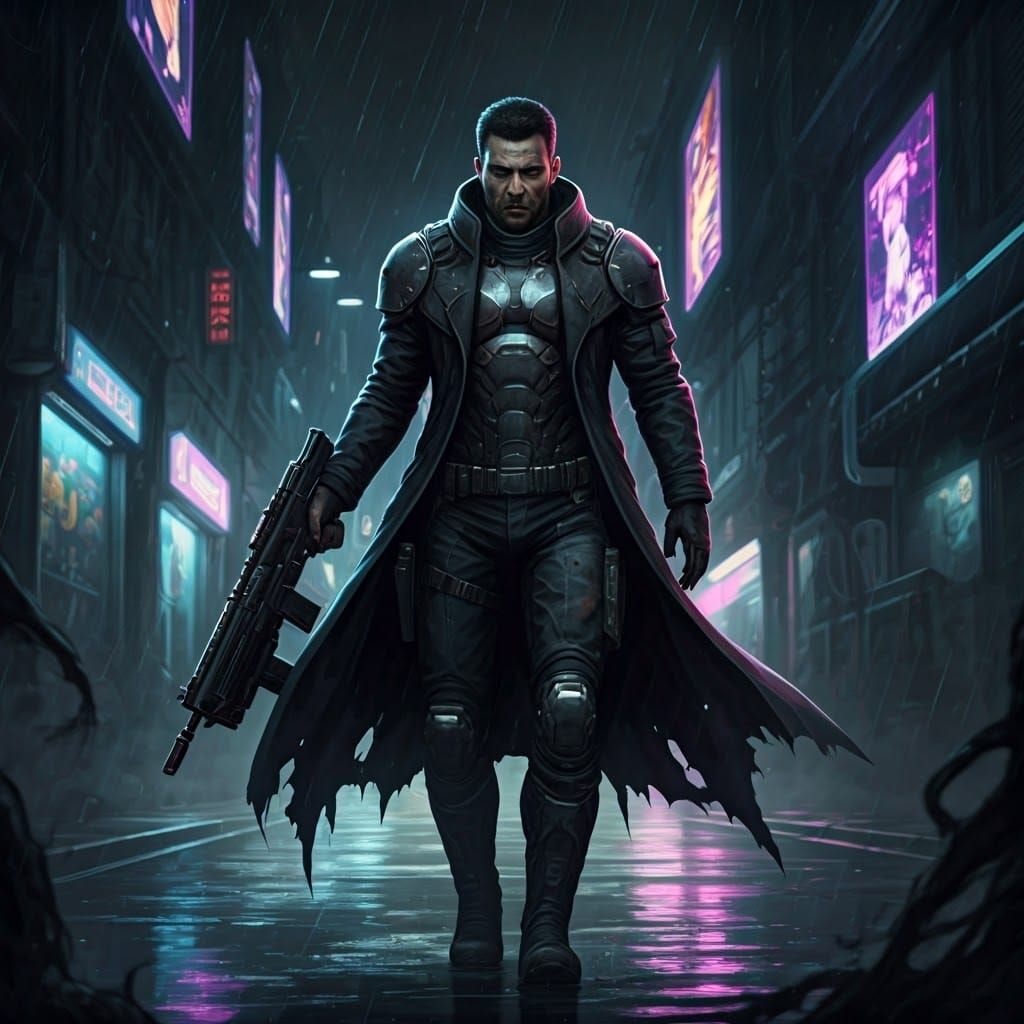 Cyberpunk Executor Strides Through Dystopian City