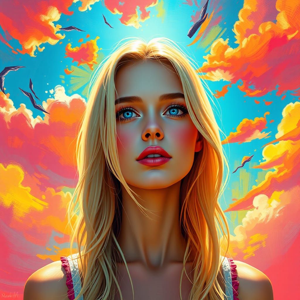 Ukrainian Beauty Under Crimson Sky, Digital Art