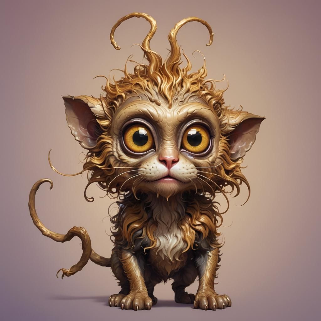 An alien pet, part monkey, part cartoon cat, with antenna gr...