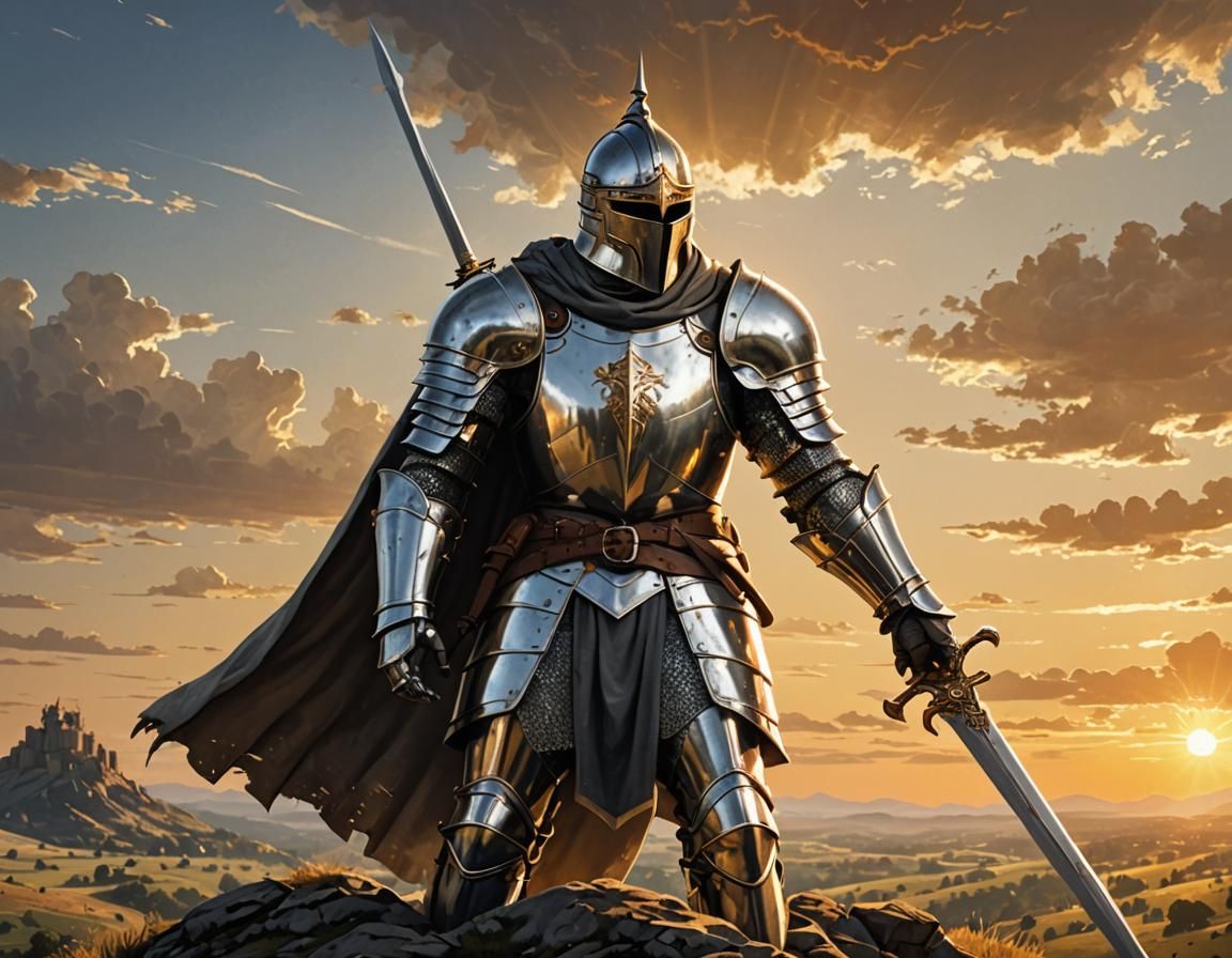 Crusader Knight Overlooking Battlefield at Sunset