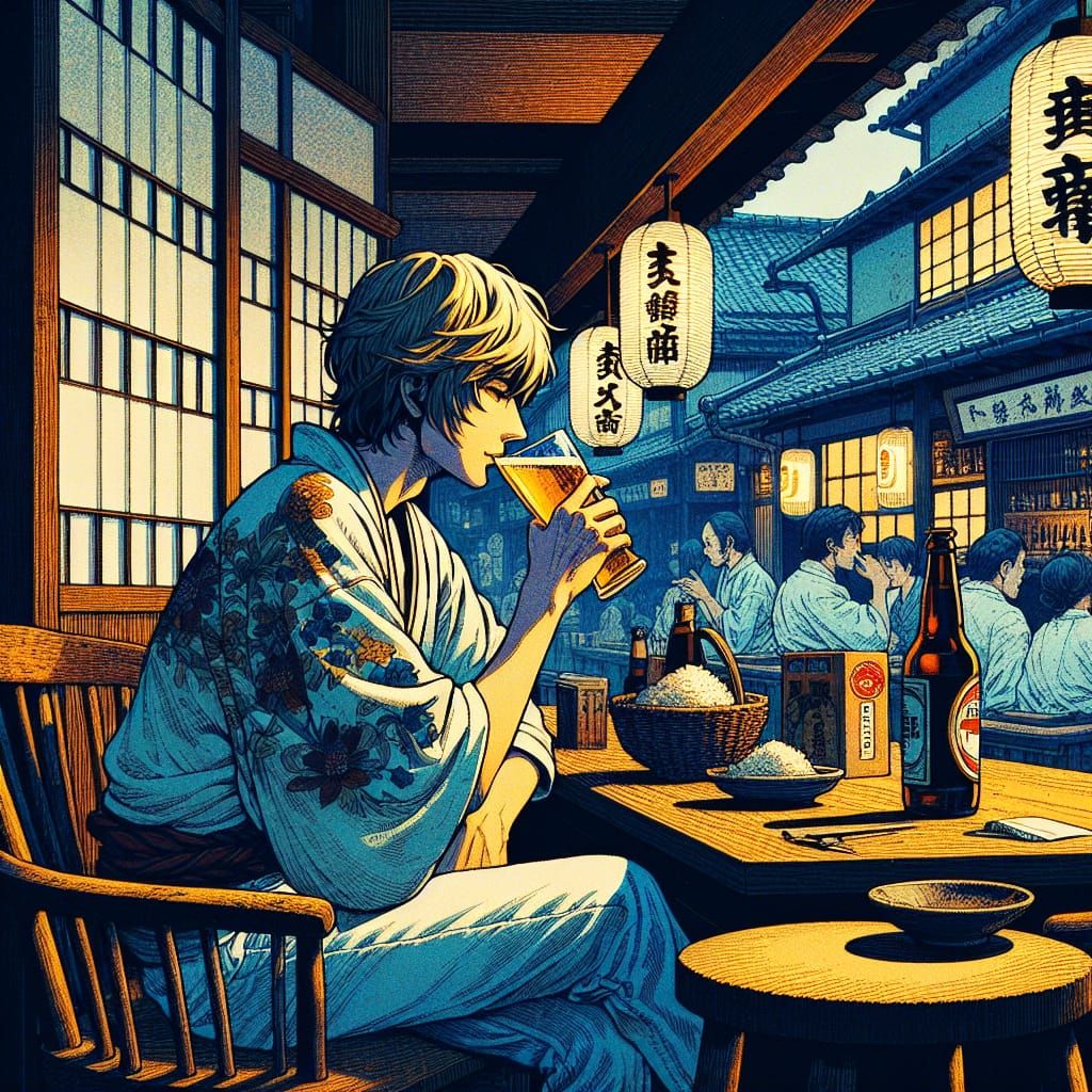 Bar Solitude: Anime-Inspired Ukiyo-e Scene