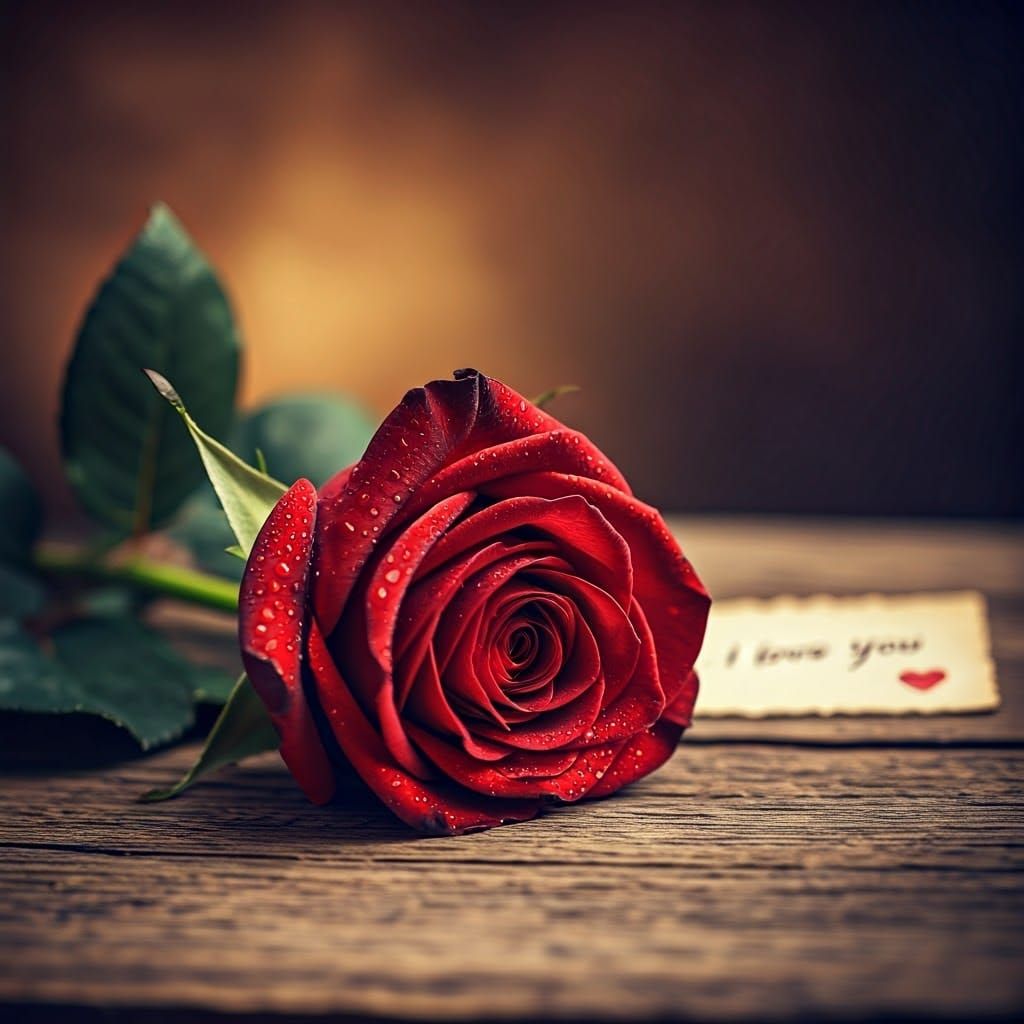 Detailed Red Rose on Antique Table in Airbrush Style