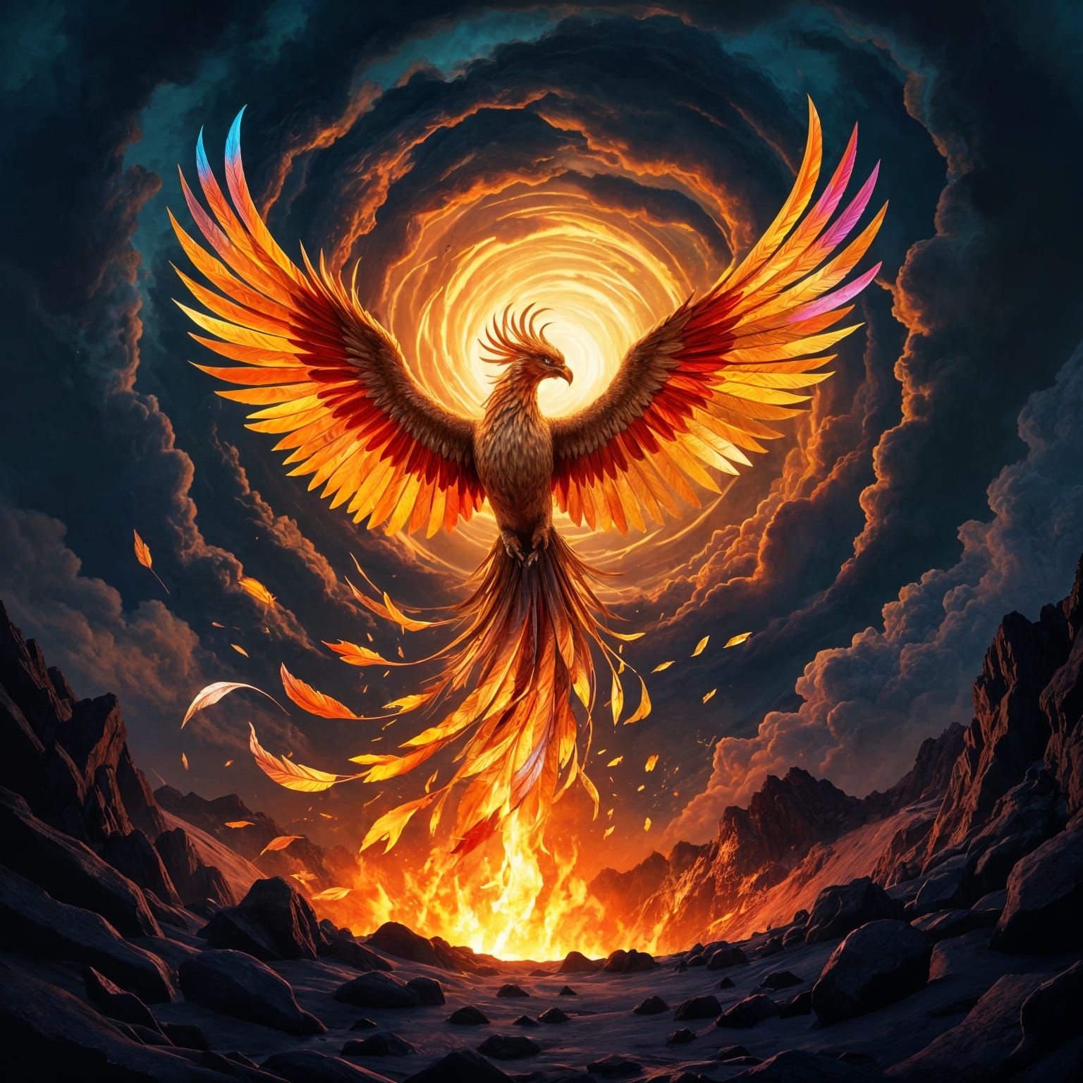 Majestic Phoenix Erupts From Volcanic Crater in Stained Glas...