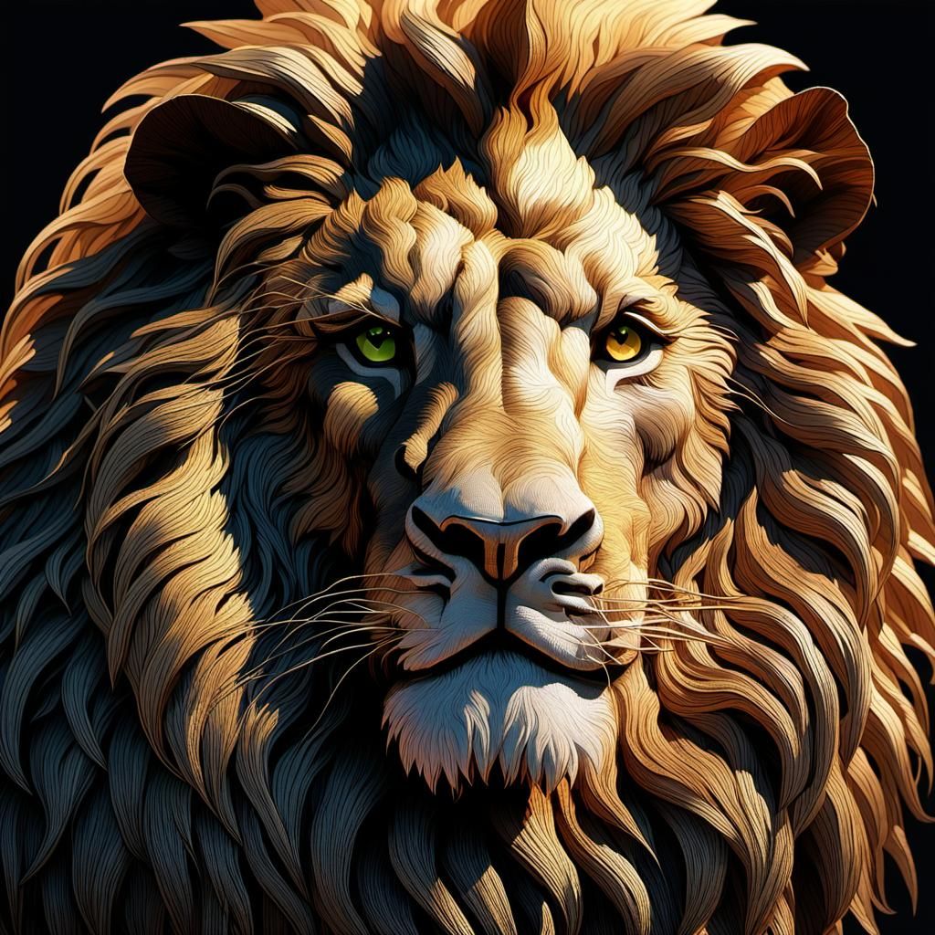 Golden String Lion Head: Ultra-Realistic 8K Sculpture