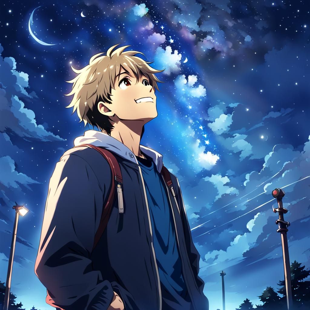 Smiling Man Gazing at Night Sky in Anime Style