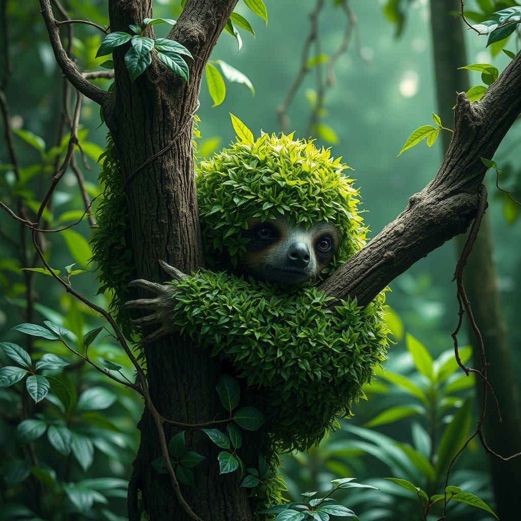 Lush Rainforest Sloth in Digital Art Style
