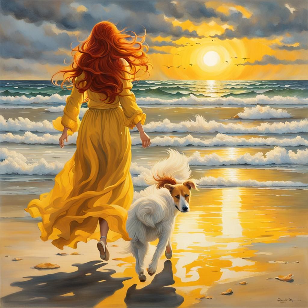 Woman in Yellow Dress on Beach at Sunrise