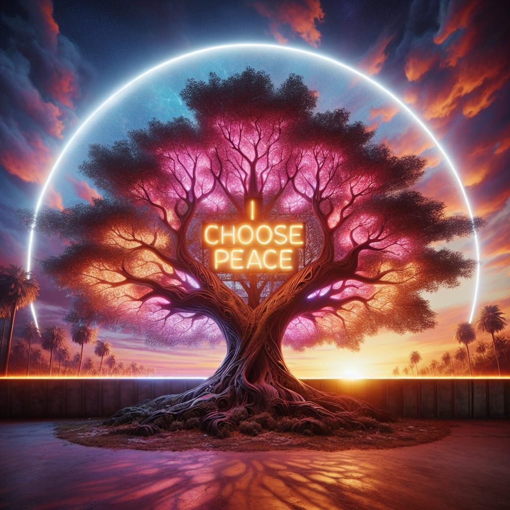 Neon "I Choose Peace" Sign at Sunset