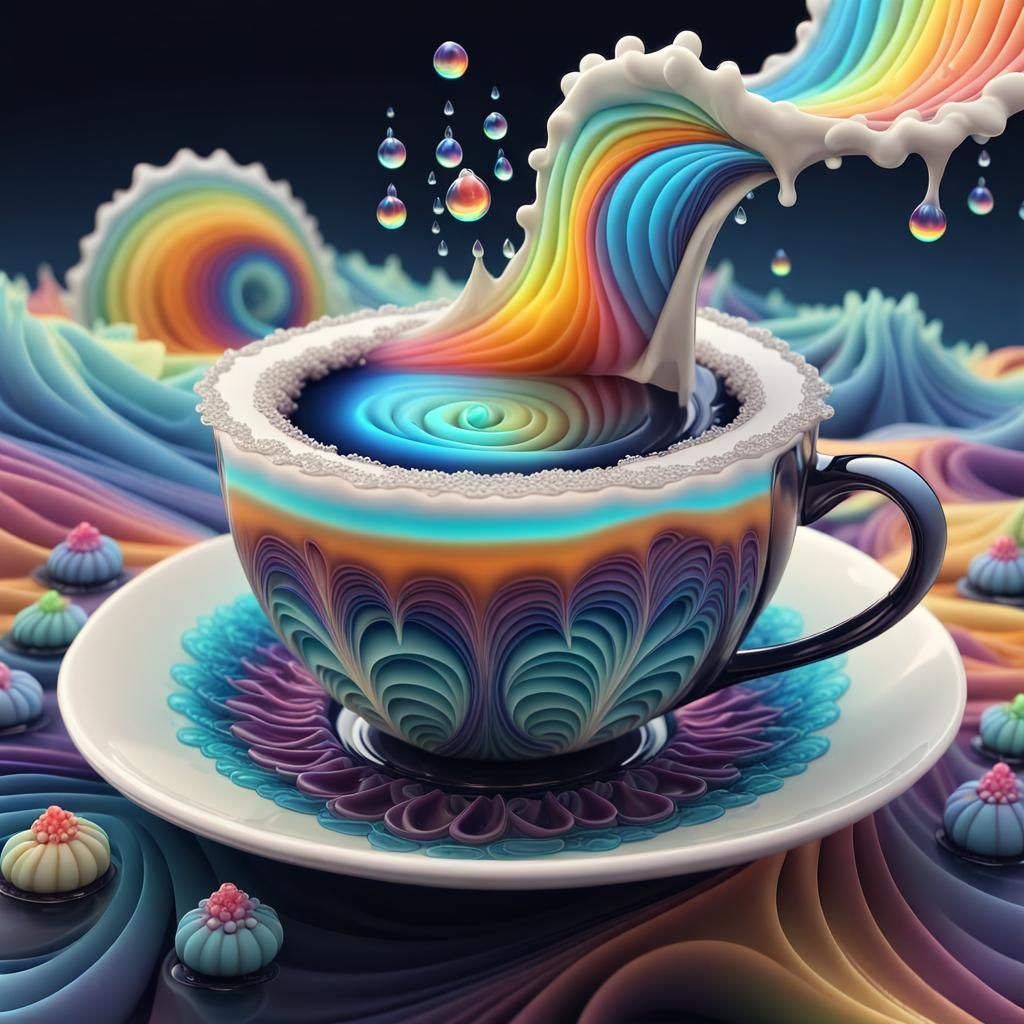 Bioluminescent Tea Cup with Rainbow Foam, 3D Render